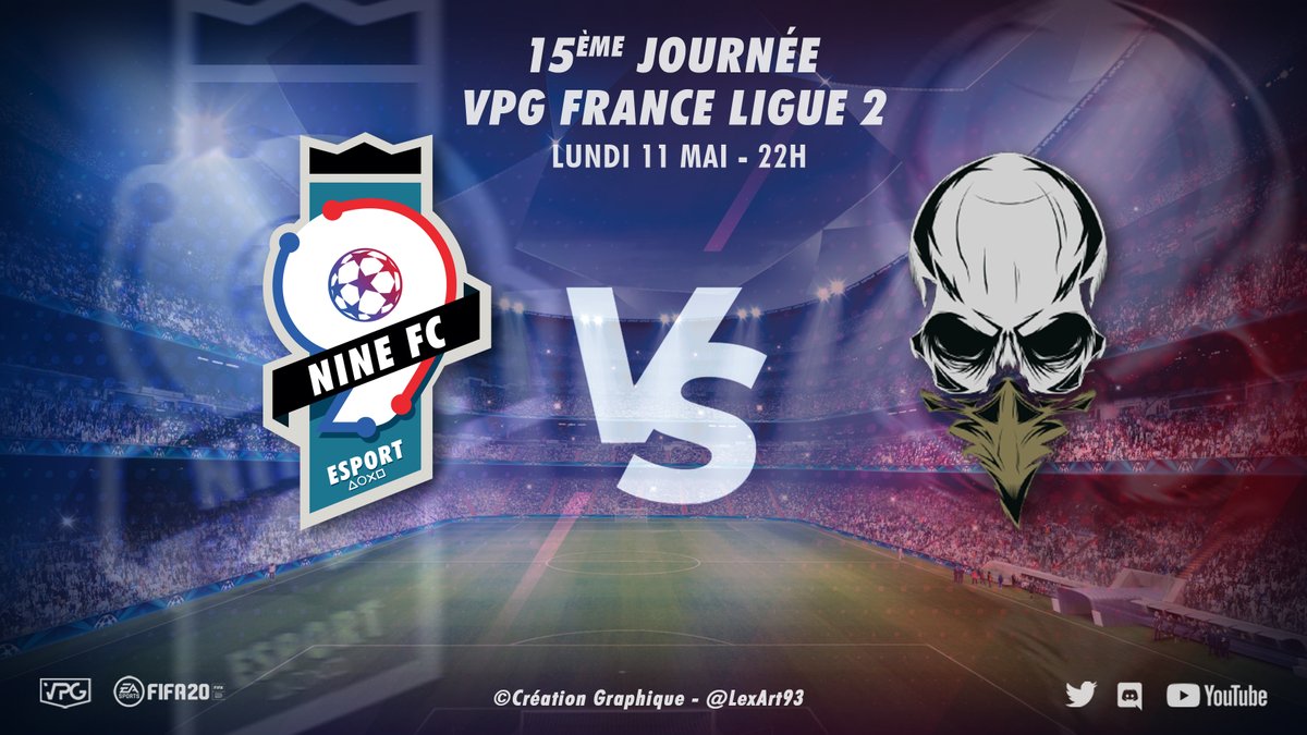 📝 Programme : 15ème journée de Championnat en <a href="/VPGFrance/">VPG France</a> L2 :

📅 Lundi 11 mai - 22h 
9INE FC 🆚 @SportBrutality 

#VPGFrance #VPG #gaming #eSports #clubpro #FIFA2020 #PS4 
©création Graphique - @LexArt93