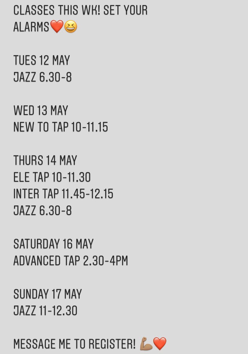 Morning guys, 
Calling students/ friends old and new. If you would like to brush up on your tap skills or come and have a sweat in jazz. DM me! Retweet to spread the love for me pals❤️