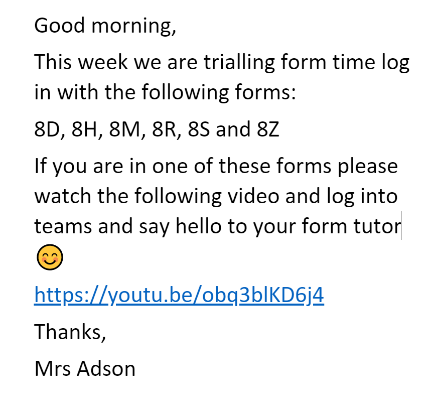 MrsAdsonMEAC's tweet photo. 🚨🚨🚨 Calling all students in 8D, 8H, 8M, 8R, 8S and 8Z 🚨🚨🚨 please follow the instructions on this link to say hello to your form tutor! ➡️ https://t.co/HK2dXjnTxo ⬅️@MEACentral @missgibbsteach @MrJukesScience @MissZaheer2 @MrsThompsonMEAC @MrTomlinsonGeog @taylor_senorita https://t.co/FT5KKChM2I