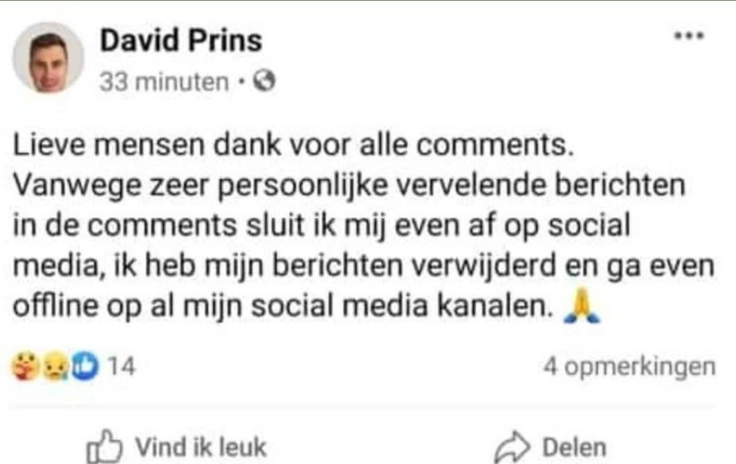 TinekeSenf's tweet photo. RT

Schokkend #longarts #DavidPrins   die kritisch is op het regeringsbeleid over 't #coronavirus, is zo ernstig bedreigd dat hij zich van alle social media afsluit. 

 https://t.co/z3tKBZmh5f

Beslist geen #antivaxer!