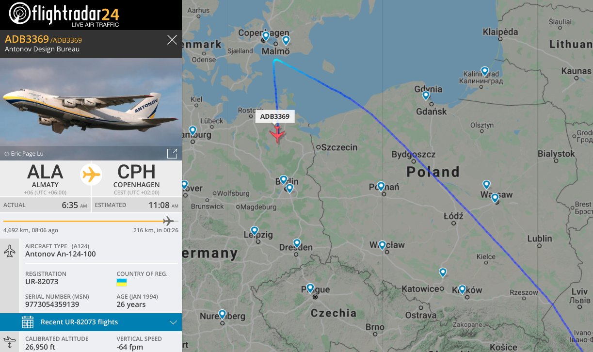Flightradar24 On Twitter An Antonov An 124 En Route From Tianjin To Copenhagen Made A Sharp Turn During The Descent To Copenhagen And Is Now Diverting To Leipzig Reason Is Currently Unknown Https T Co J0eicgfyw4