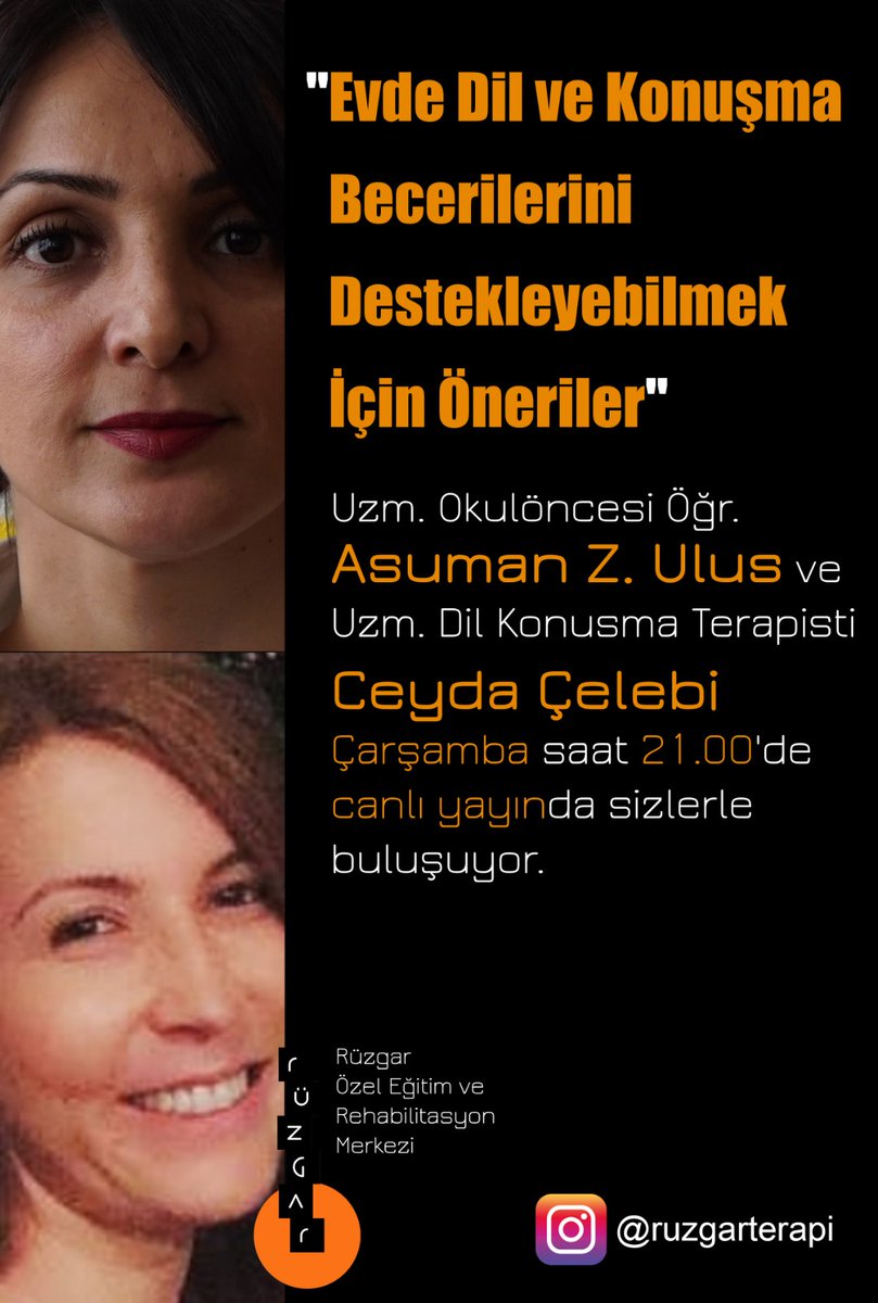 RuzgarTerapi's tweet photo. Uzm. Okulöncesi Öğr. Asuman Z. Ulus ve Uzm. Dil ve Konuşma Terapisti Ceyda Çelebi; "EVDE DİL BECERİLERİNİ DESTEKLEYEBİLMEK İÇİN ÖNERİLER" hakkında konuşacaklar. Bu Çarşamba saat 21.00'de 🕒 canlı yayında sizlerle buluşuyor.. ✌️

#ruzgarterapi #otizm #downsendromu #mr #ozelegitim https://t.co/zc7FFG4Ta4