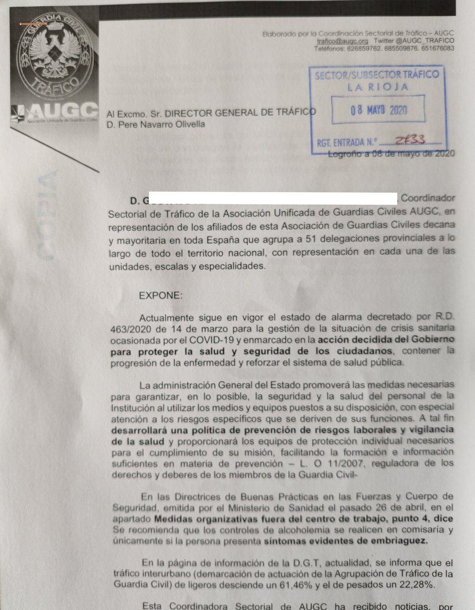 AUGC_TRAFICO's tweet photo. ⭕ La Coordinadora Sectorial de Trafico de @AUGC_Comunica 👇

 ⭕ SOLICITA a @sanidadgob  Directora @guardiacivil y Director @DGTes 

💎 Posponer la realización de Controles de alcoholemia hasta disponer de un protocolo de actuación que garantice la salud de ciudadanos y agentes https://t.co/O27DMq79e1