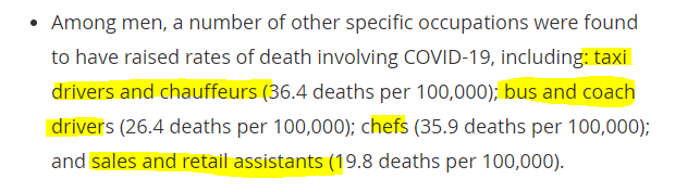 This seems to have quite a lot to do with exposure: the people in the most affected individual jobs are generally those who have had no choice but to keep working, and keep being exposed to members of the public. (And these "exposed" jobs are not well-paid jobs, by and large.)