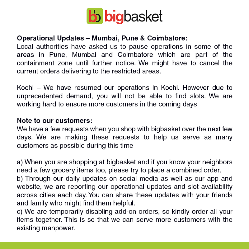 bigbasket on Twitter "Dear customer, Sharing an update from our