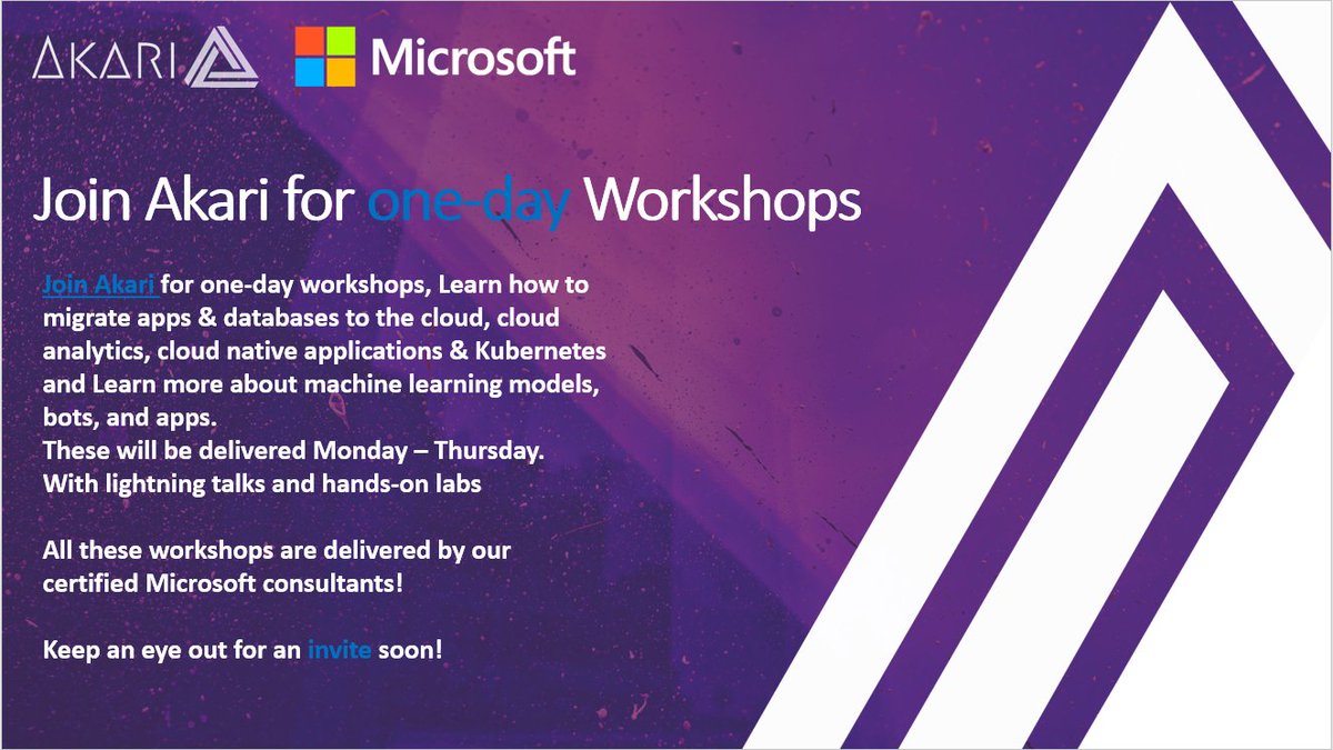 IngentiveLtd's tweet photo. Akari are partnering with Microsoft to bring 4 daily workshops starting from the 18th May. Monday to Thursday, with a full overview of solutions and hands-on labs. Discover new ways to use Azure or the use of apps and data. Look out for an invite to sign up! 

#Microsoft #Akari https://t.co/3bFgLyG9gC