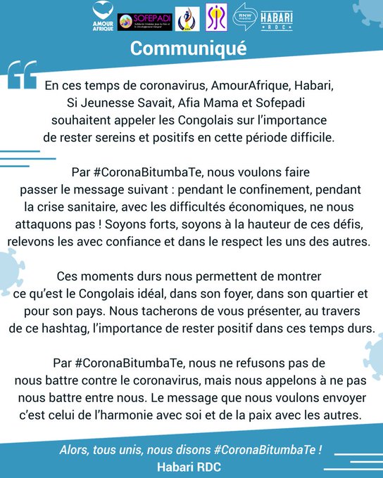 UmojaLab's tweet photo. #CoronaBitumbaTe #RDC #COVID19
Non aux violences conjugales et domestiques. 
@habariRDC #ZomboAlert #VBGAlert https://t.co/VnR78PYgrI