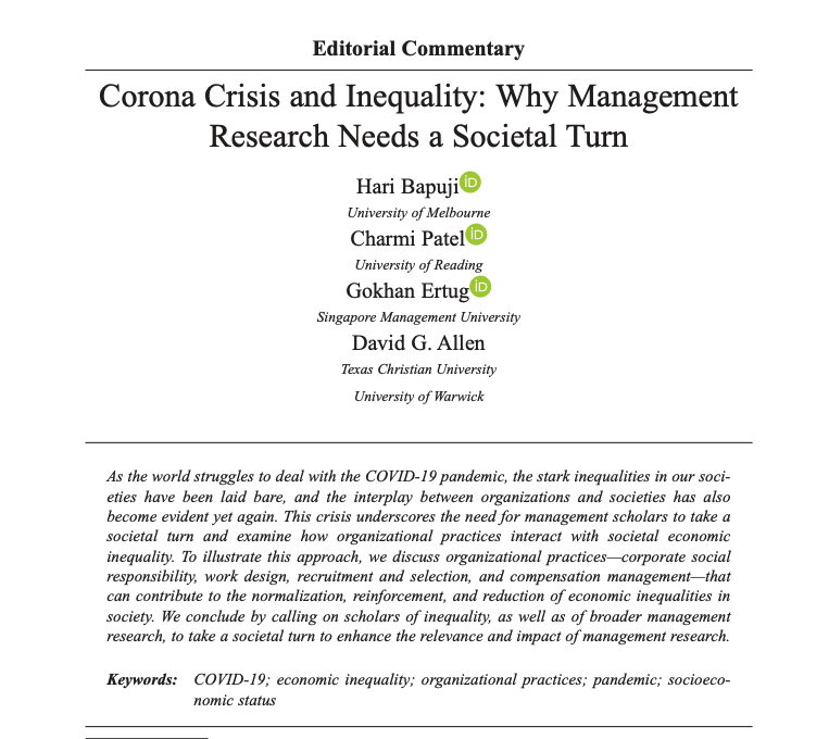 HariBapuji's tweet photo. If not now, when? Time for management research and practice to consider society. My paper with Charmi Patel, Gokhan Ertug, and @DGA_TalentProf in @Journal_of_Mgmt Please read and share https://t.co/XEFxqJVFjp https://t.co/0hzEgTHto1