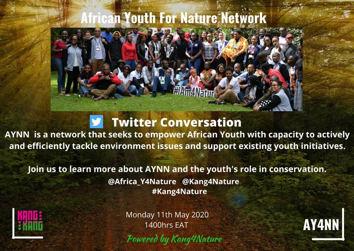 Join @Africa_Y4Nature today at 2pm EAT on Twitter as they discuss  about youth involvement in conservation with @Kang4Nature. You will also get to learn more about their future plans during the discussion.
#IAm4Nature
#NewDealForNature