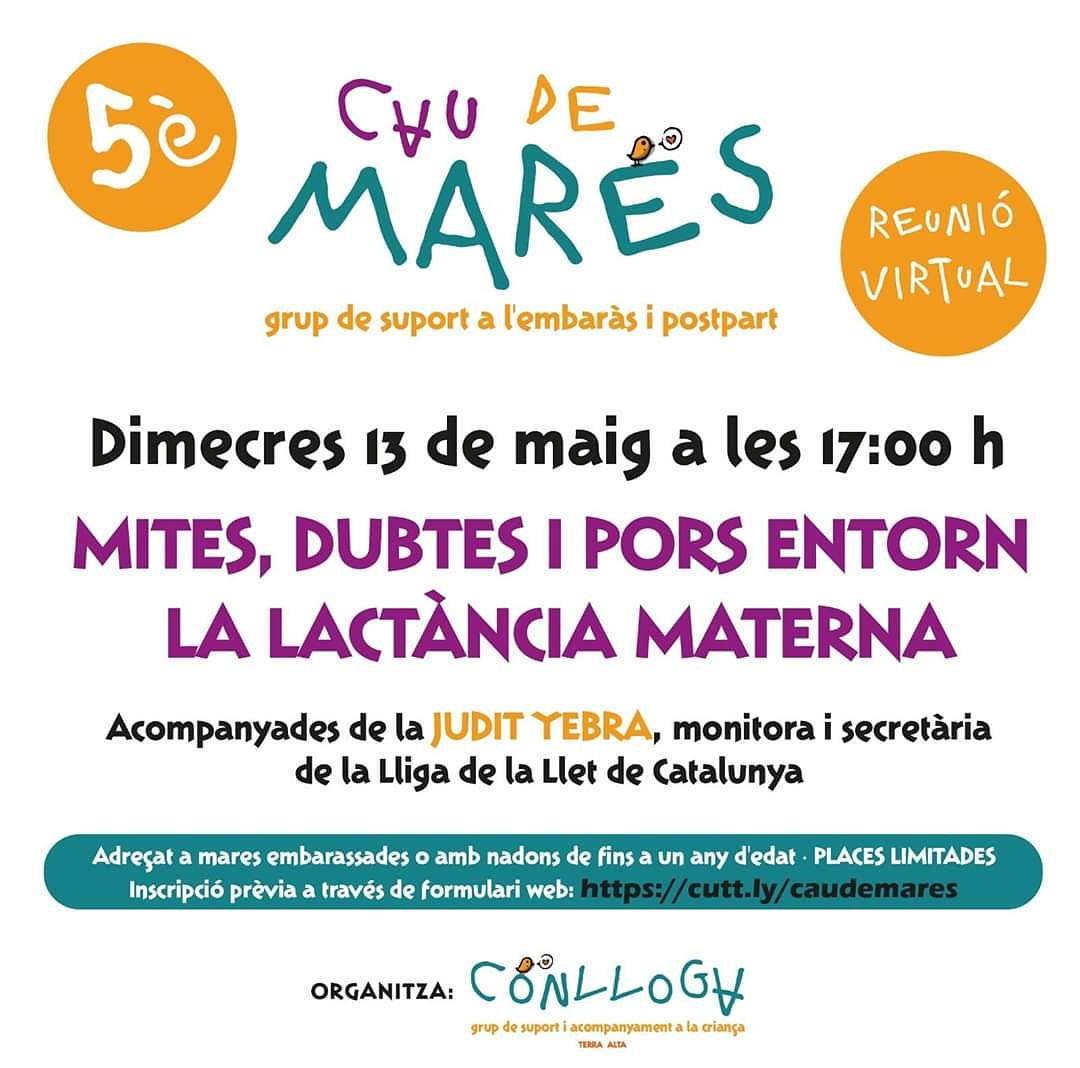 [ 5è CAU DE MARES 🤰🤱 ]

Dimecres 13/05 a les 17h trobada  amb la Judit Yebra, monitora i secretària de la Lliga de la Llet a Catalunya, per abordar  els mites, dubtes i pors entorn la lactància materna.

INSCRIPCIONS cutt.ly/caudemares

 PLACES LIMITADES