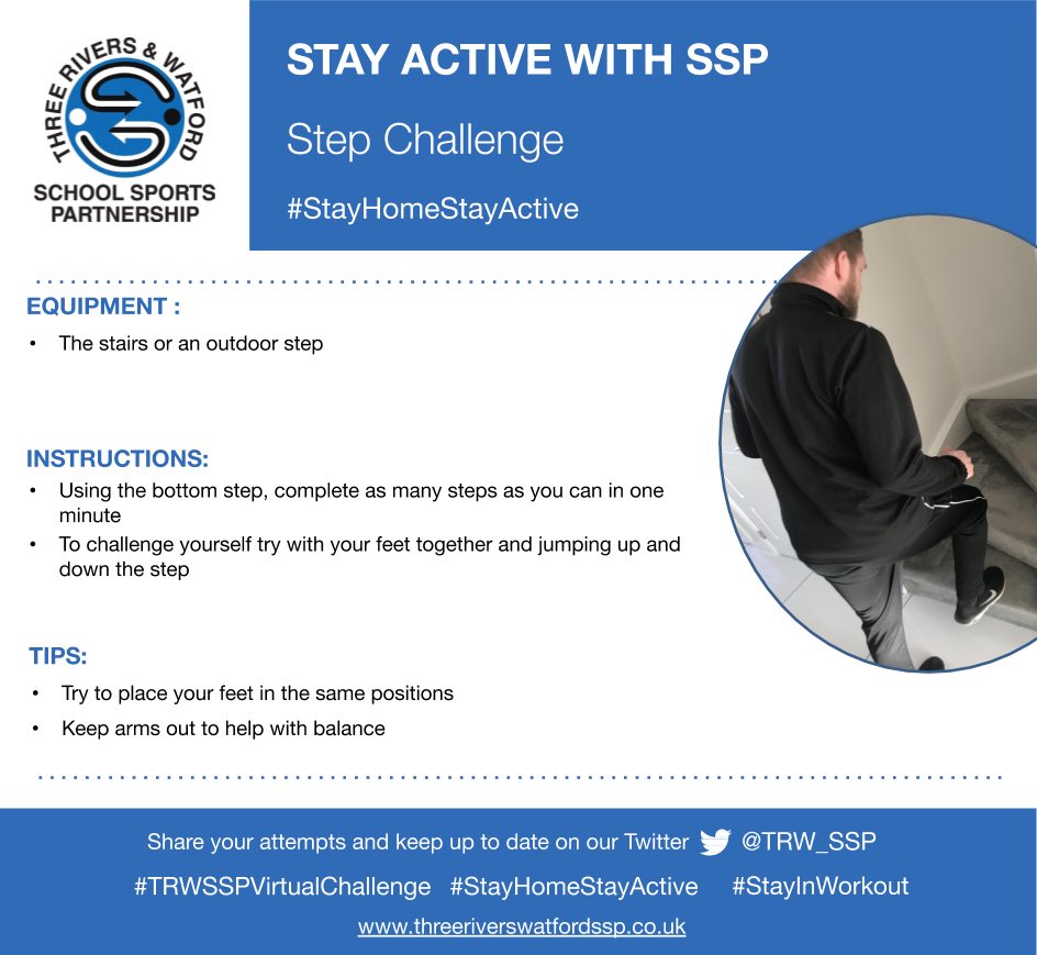 TRW_SSP's tweet photo. The eighth virtual challenge is here!
🤩
How many step ups can you do in 60 seconds?
Remember to tweet us your attempts using #TRWSSPVirtualChallenge and tag us (@TRW_SSP ) Visit our website for more information! Good luck 😁
#stayhomestayactive #StayInWorkOut https://t.co/BJeNJW558N
