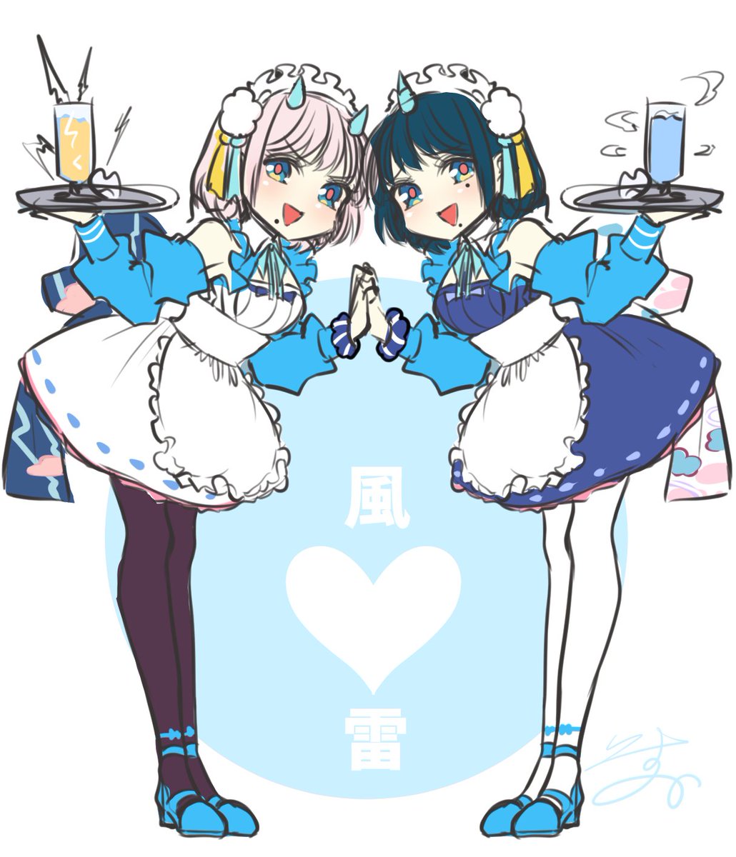 multiple girls 2girls horns holding hands tray maid pantyhose  illustration images
