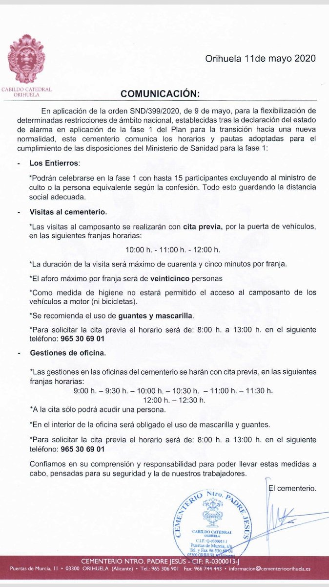 Twitter à¤ªà¤° Policia Local Orihuela Comunicado Del Cabildo Catedral De Orihuela Sobre El Cementerio Entierros Hasta 15 Personas Visitas Cementerios De 10 00 A 12 00 Maximo 45 Minutos Y Con Cita