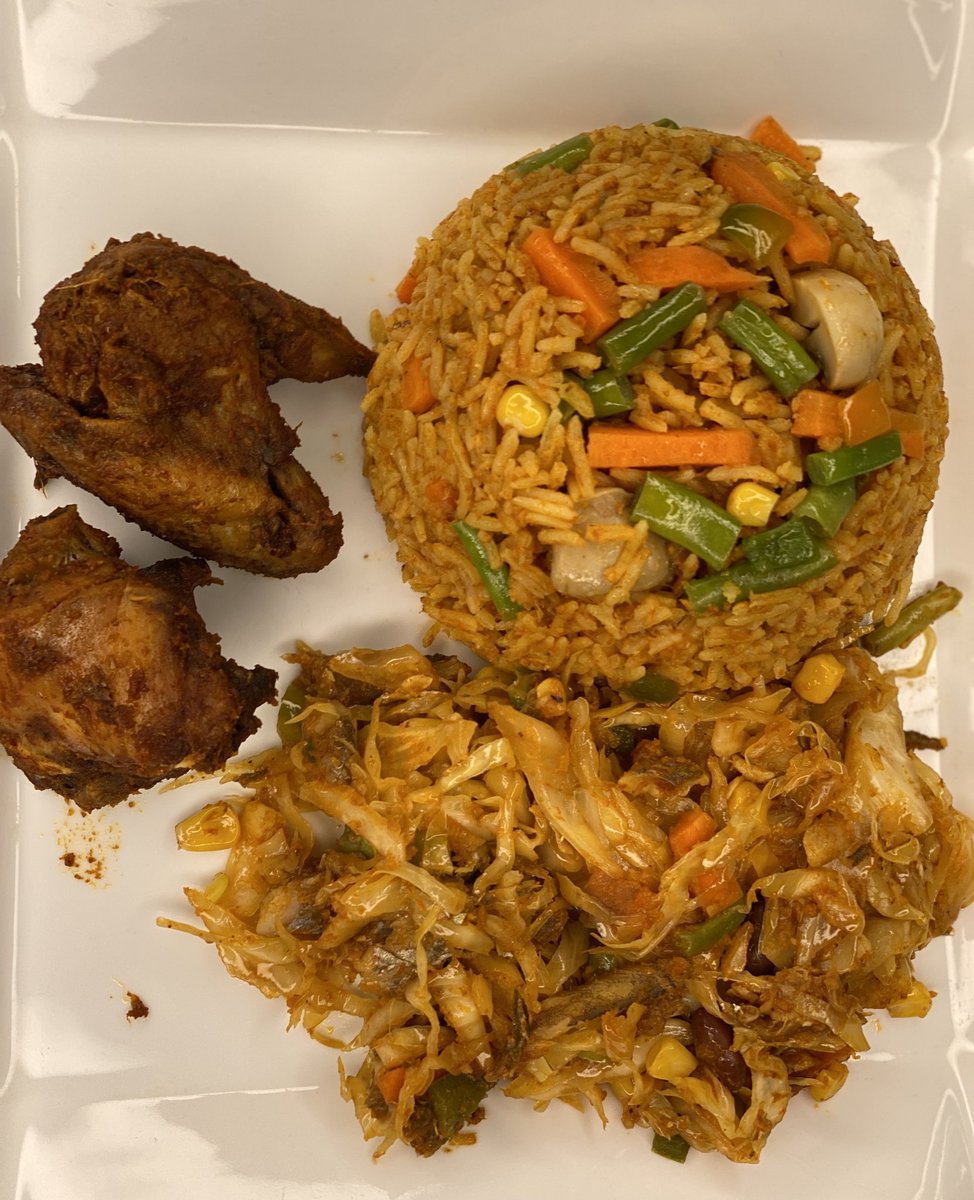 Day 16: jollof coconut rice with chicken and cabbage sauce, peppersoupDrink: pineapple-cucumber juice