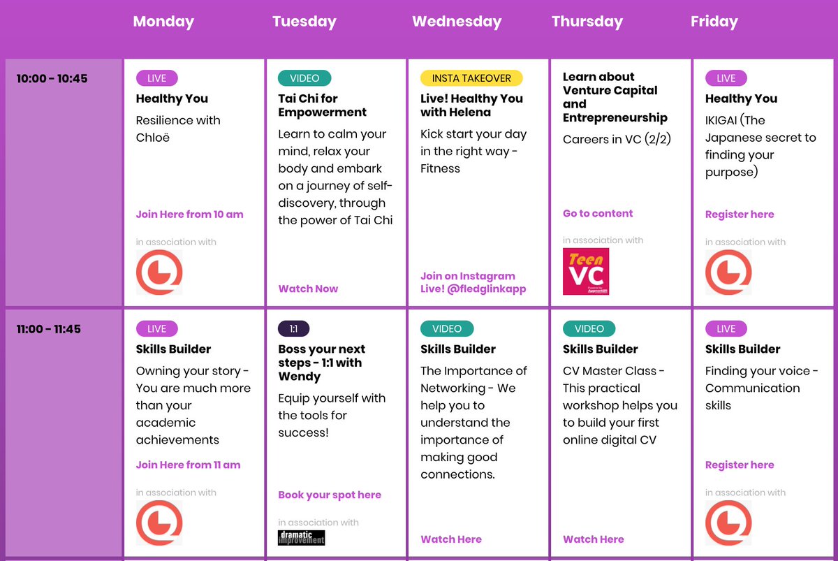 Teen_VC's tweet photo. .@Fledglinkapp recently launched their virtual "Curriculum for Life" timetable, with self-development workshops, 1:1 careers coaching and the opportunity about entrepreneurship and venture capital (VC) via #TeenVC. Check out this week's events here π https://t.co/lPWQpIKZfw https://t.co/E7tXoKTYl7