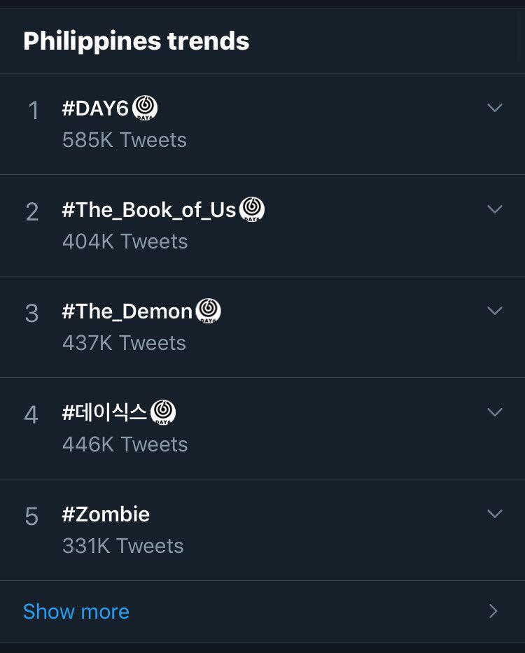 DAY6Philippines's tweet image. #DAY6  #The_Book_of_Us  #The_Demon  #데이식스  #Zombie occupying the Top 5 trends on PH Twitter. 💪
