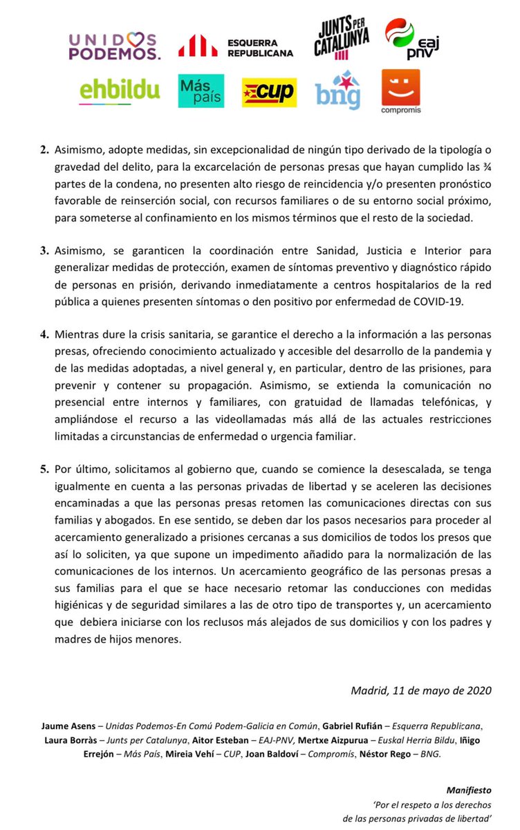 g_elejabarrieta's tweet photo. ๐ข 9 political parties including @EHBilduCongreso release a joint statement on which they ask Spanish Government to follow @WHO and @COE recommendations on releasing those prisoners most vulnerable to #COVID19.
๐ https://t.co/OSsQbNmtgK
#BasquePrisoners #FreeThemAll https://t.co/immZGJBVMz