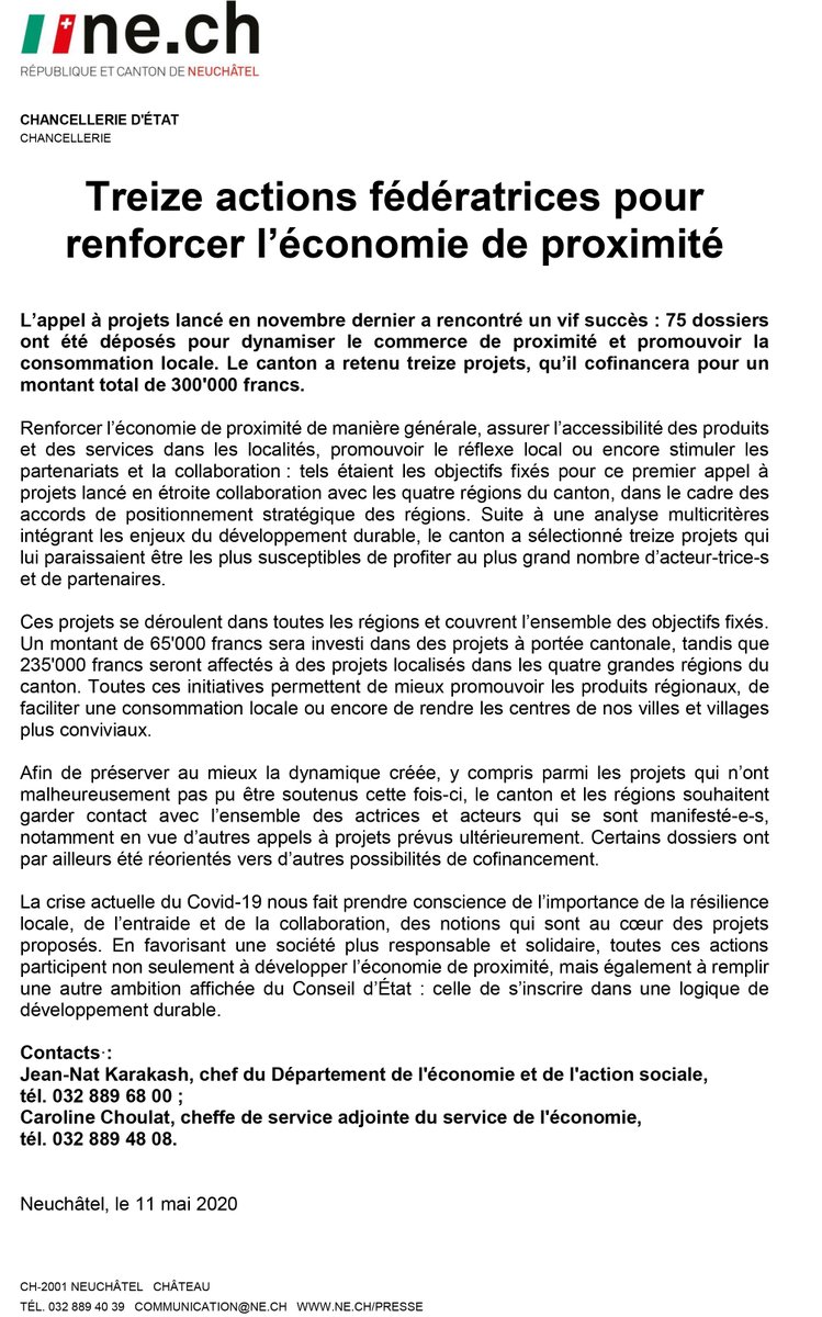 Etat_Neuchatel's tweet photo. L’appel à projets lancé en novembre dernier a rencontré un vif succès : 75 dossiers ont été déposés pour dynamiser le commerce de proximité et promouvoir la consommation locale. 13 projets ont été retenus. 
Communiqué et présentation: https://t.co/rdXGZusi5i
#neuchatel #ecoprox https://t.co/ZT4VxAXR2y