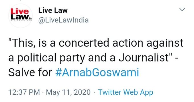 khatkarvikas95's tweet photo. Wait, is Arnab Goswami a agent for Union of India?? How can this case be "Union V. State". I think Sir Harish Salve is making a self goal by showing connection between Arnab and Central govt.
Source: live law
#ArnabGoswamy 👎 https://t.co/Etf786DaCw