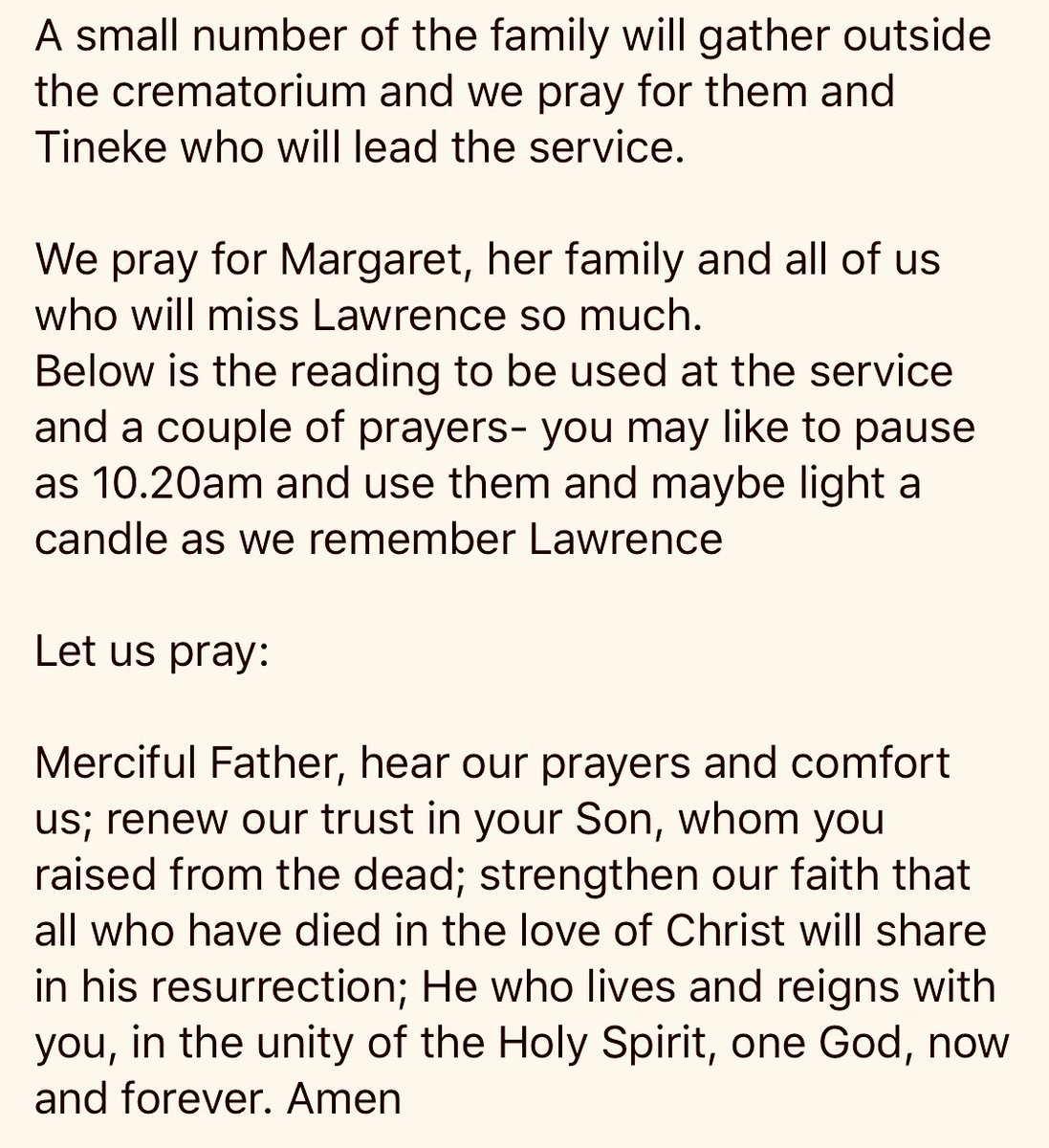 MarkUmpl's tweet photo. Today at 10.20am is the funeral of Lawrence Sheard who will be missed by so many including all at @Batley__parish. A small number of family will gather at the Crem.
Below is the reading and a couple of the prayers to be used - you may like to pause and use them #RIPLawrence ๐ฏ https://t.co/2FM2j8FLg0