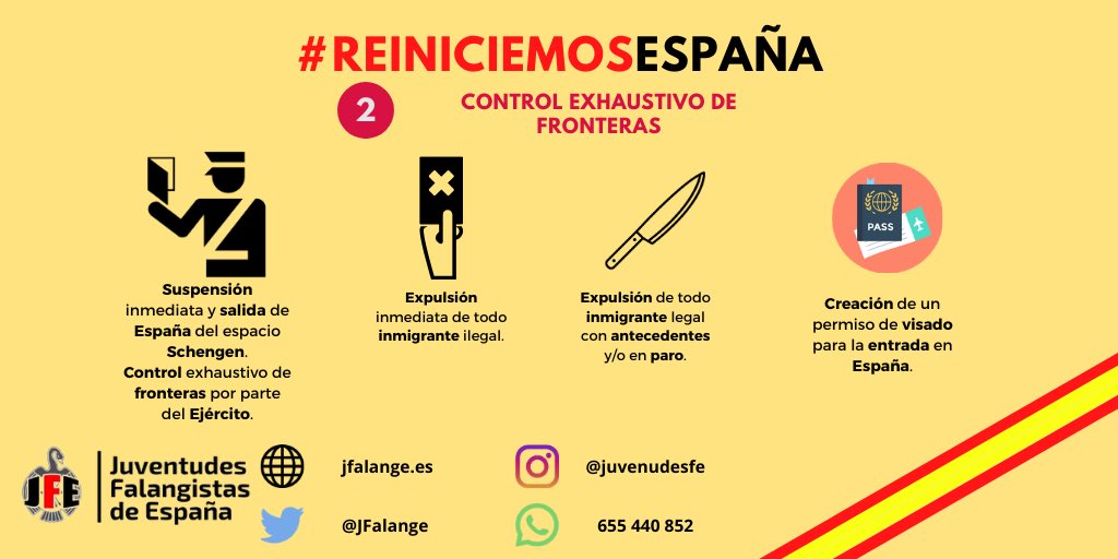JFalange's tweet photo. 2️⃣CONTROL DE FRONTERAS.

👉Suspensión del espacio Schengen.
👉Control militar de fronteras.
👉Expulsión de todo inmigrante ilegal.
👉Expulsión de inmigrantes legales en paro y/o con antecedentes.
👉Creación de visa para acceder a España.

#ReiniciemosEspaña https://t.co/62rwrcAu28