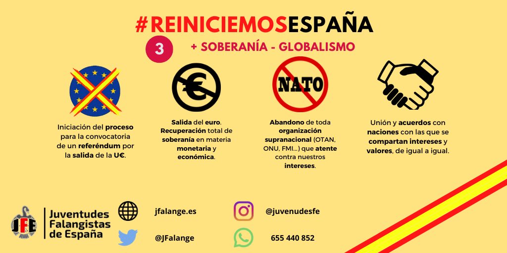 JFalange's tweet photo. 3️⃣+ SOBERANÍA - GLOBALISMO

👉Referéndum por la salida de la U€.
👉Salida del euro. Recuperación de soberanía monetaria.
👉Abandono de todos org. supranacional ajena a nuestros intereses.
👉Acuerdos con quien compartimos valores e intereses.

#ReiniciemosEspaña https://t.co/981mFEY9BR