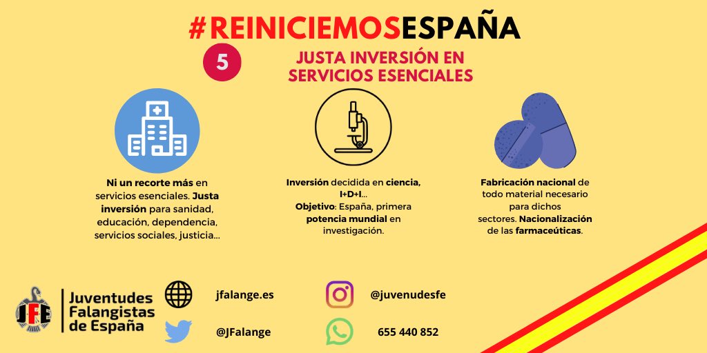 JFalange's tweet photo. 5️⃣JUSTA INVERSIÓN EN SERVICIOS ESENCIALES

👉Ni un recorte más en servicios esenciales.
👉Inversión en ciencia e I+D+I.
👉Fabricación nacional de materiales para dichos servicios. Nacionalización de farmacéuticas.

#ReiniciemosEspaña https://t.co/cMA4N5DFtI