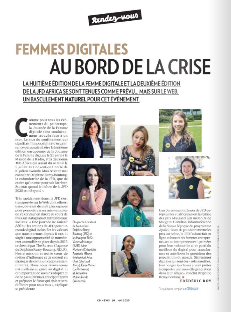 "Six femmes digitales qui sont des rôles modèles font bouger les choses et sont prêtes à emporter une nouvelle génération dans leur sillage." <a href="/delphine/">Delphine Remy-Boutang</a> 
Merci à notre partenaire média <a href="/CB_News/">CB News</a> de mettre en lumière #lesMargaret 2020 #EU &amp; #Africa 🙏 
#JFD #womenintech