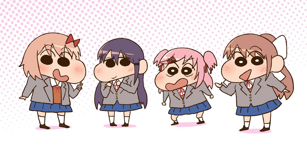 monika (doki doki literature club) ,yuri (doki doki literature club) 4girls multiple girls brown hair school uniform pink hair parody purple hair  illustration images