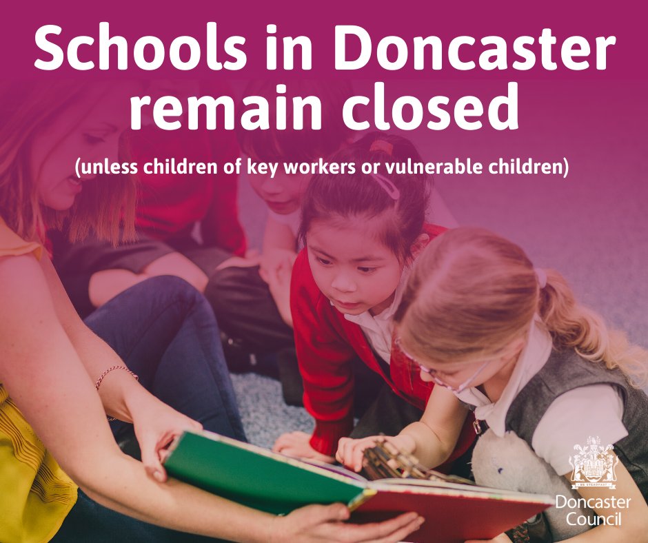 MyDoncaster's tweet photo. SCHOOLS UPDATE❗️

To avoid any confusion this morning, we can confirm that schools in Doncaster remain closed until further notice (other than for key worker children and vulnerable children only).

We will continue to provide updates as and when things may change in the future. https://t.co/A7Mmb9iXOk