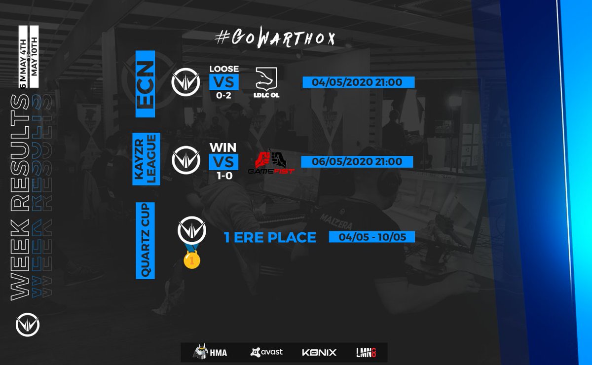 WARTHOX's tweet photo. [04/05 - 10/05]

Des Playoffs #ESLCN raté d'un cheveu 💇‍♂️

Une confirmation en #KayzrLeague ⛑️

Un sans-faute dans la #QuartzCup 💎

C'est votre récapitulatif des résultats de la semaine ! https://t.co/otZ18640d7