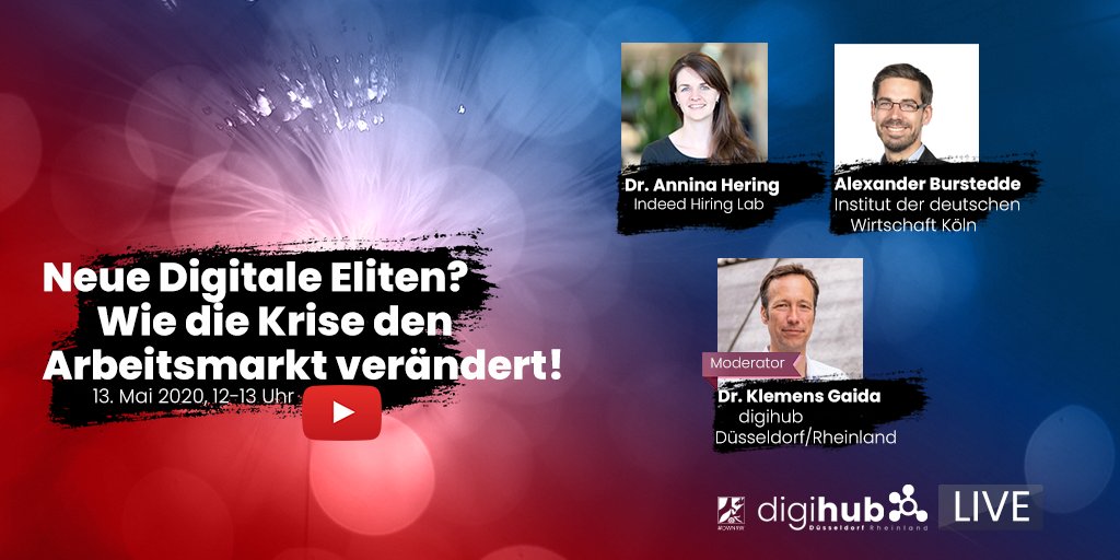 Neue Digitale Eliten? Wie die Krise den #Arbeitsmarkt verändert! – das Thema der virtuellen Brown Bag Session vom <a href="/digihub_de/">digihub_de</a> am 13.05. u.a. mit <a href="/AnninaHering/">Annina Hering</a> / Economist <a href="/IndeedDeutsch/">Indeed</a> &amp; <a href="/ABurstedde/">Alexander Burstedde</a> / Economist <a href="/KOFA_de/">KOFA</a>, <a href="/iw_koeln/">Institut der deutschen Wirtschaft</a>. Sei dabei: buff.ly/3bq1sEy #digihublive