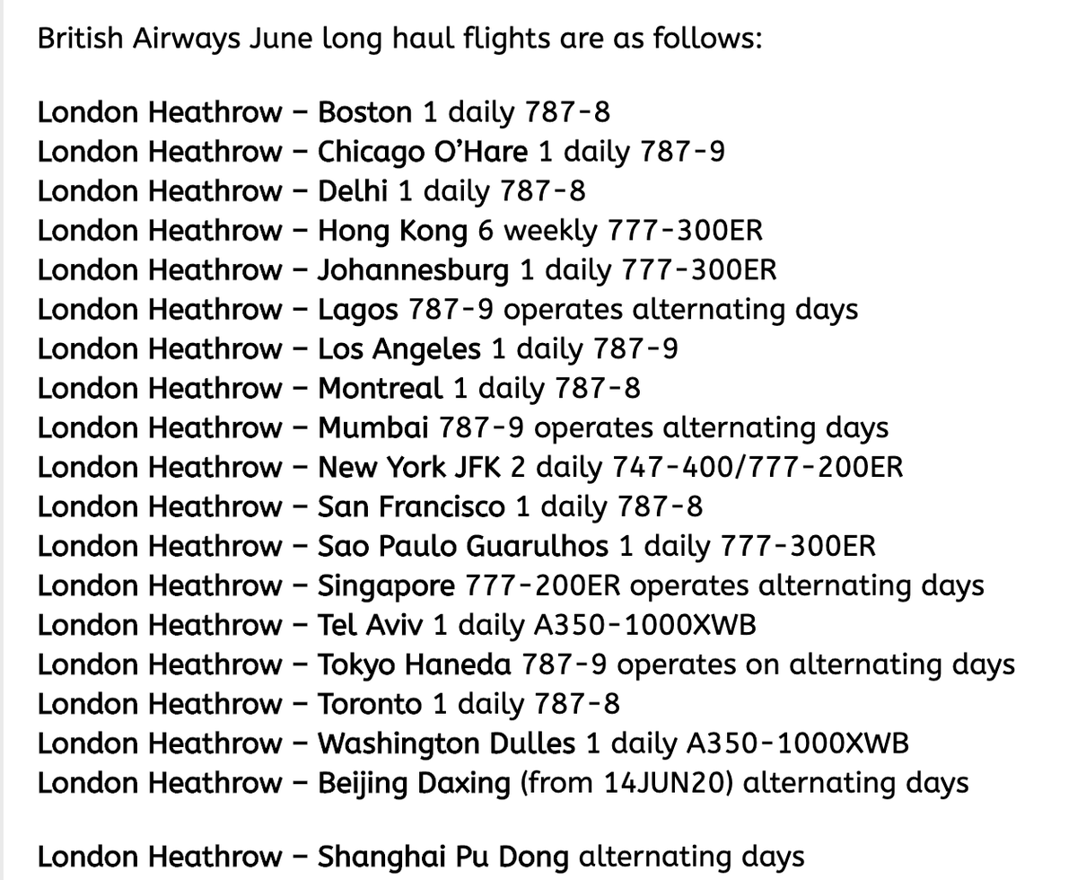 TravelZork's tweet photo. Some great details about June 2020 @British_Airways Long-Haul Service by @turningleftfor (route details via @routesonline) 

#AvGeek #iFlyBA #PaxEx https://t.co/88Dqs8gHHN