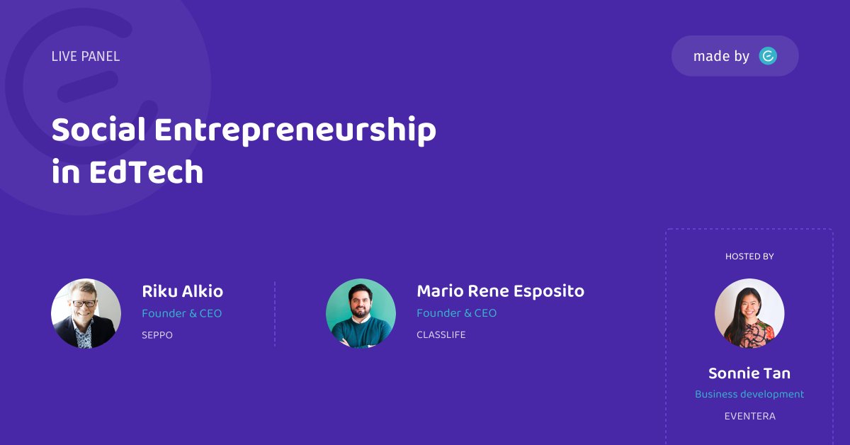 #Edtech is one of the few sectors filled with opportunities during this pandemic.🌈 Join us on May 18 to learn how <a href="/RikuAlkio/">Riku Alkio</a> and Mario Rene Esposito started <a href="/seppoio/">Seppo.io</a> and <a href="/ClasslifeEd/">Classlife Education</a> respectively and how it has evolved and continues to make an impact. -->eventera.io/event-details/…