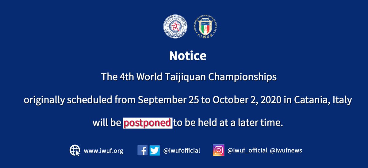 IWUFOfficial's tweet photo. The 4th World Taijiquan Championships (Catania 2020) originally scheduled from September 25 to October 2, 2020 in Catania, Italy will be postponed to be held at a later time. More information, please head to https://t.co/AE1HeQ4E4N #iwufoffcial #iwufnews #wushu #taijiquan https://t.co/nhhtGa5iY4