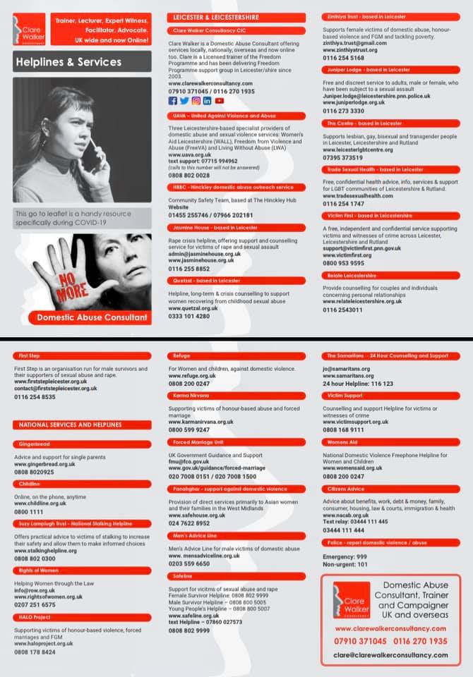 clarewalker3's tweet photo. Clare Walker Consultancy's team has developed this go to leaflet as a handy resource specifically during COVID-19. This #leaflet provides information and sources of support for victims. Professionals working with #DomesticAbuse can share this resource with clients. https://t.co/97pqtF9NAR