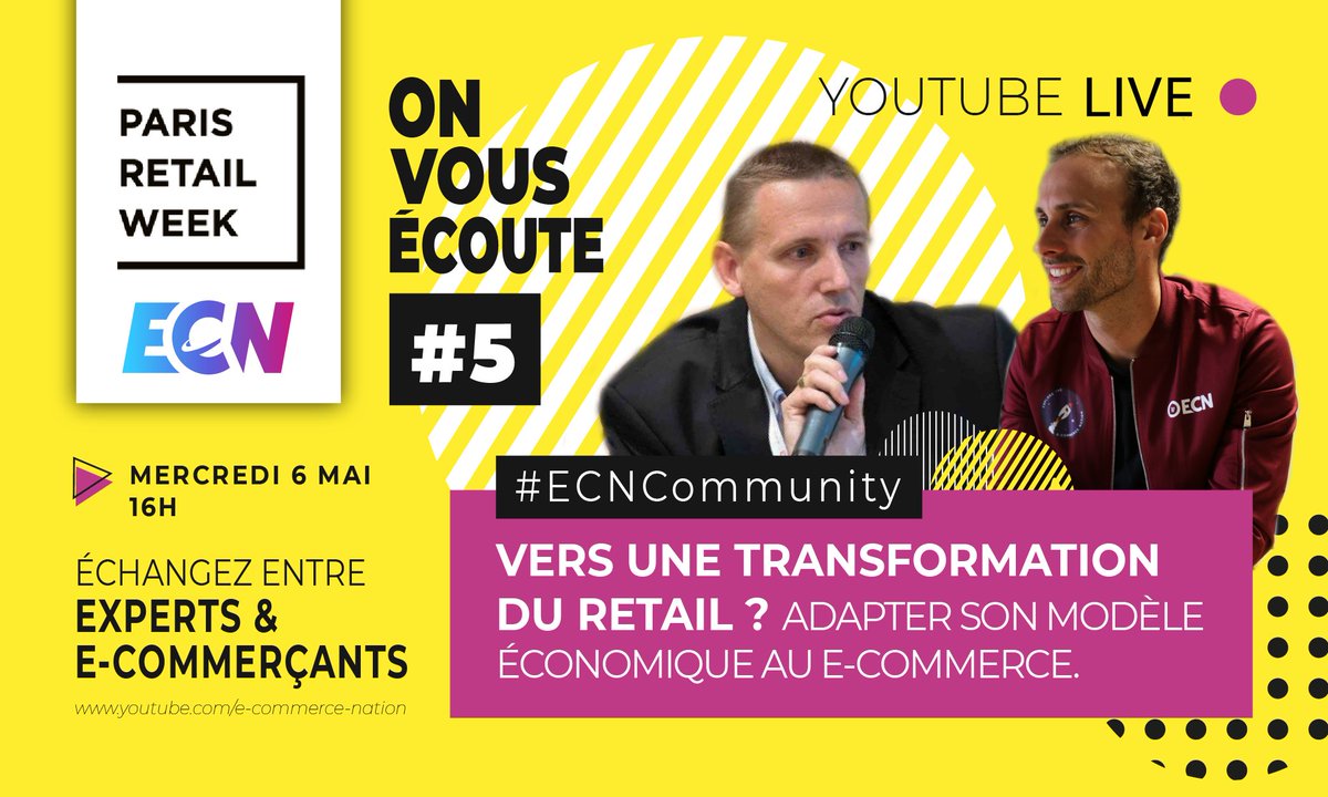 Ecom_NationFR's tweet photo. Le 5ème live #ECNCommunity en association avec la @PRWOfficial est disponible sur YouTube ! 🖥

▶ Vers une transformation du #retail ? Adapter son modèle économique au #ecommerce

🗣Avec @njchevalier &amp; @jlhumblet 

Le replay👉 https://t.co/GFD8tlYX0v

#ParisRetailWeek #digital https://t.co/i3AtRJUlv7