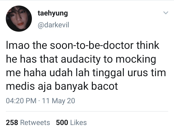 therainindream's tweet photo. [] taekook au
— panasea.

Setiap tahunnya, fakultas teknik mengadakan ospek untuk mahasiswa/i baru mereka. Banyak kegiatan fisik didalamnya dan tidak pernah ada masalah. Masalah justru datang ketika presma dan ketua tim medis adalah mantan pacar yang kerap berbeda pendapat. https://t.co/OlMUMfsPV9
