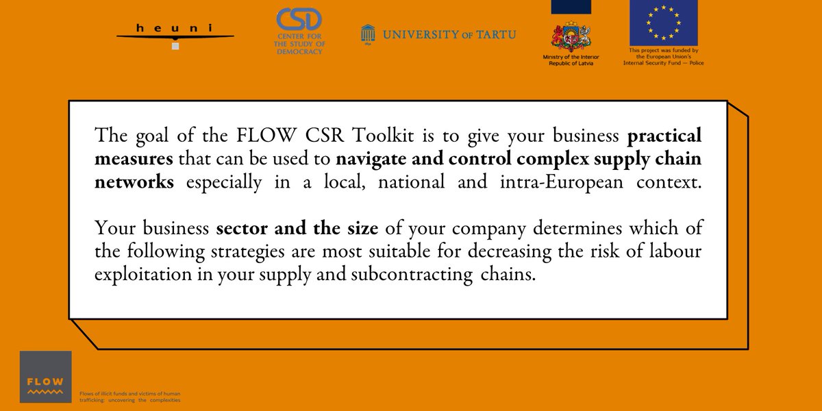Heuni_institute's tweet photo. #FLOW_THB #CSR
The sector and size of the company determine which of the tools are most useful - the #FlowCSRToolkit helps to identify what is missing from the strategies already in use to prevent labour exploitation in supply and subcontracting chains: https://t.co/8buhsL97Bo https://t.co/R9drLQC1Zu