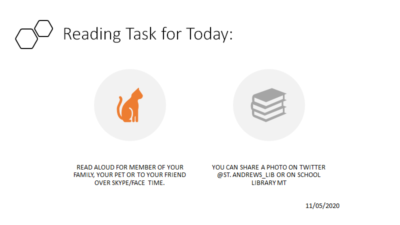StAndrews_Lib's tweet photo. #Readingtask from @StAndrews_Lib for today is to read aloud for member of your family, friend or pet. All daily tasks are available on School Library MT. https://t.co/s1K5NyNx7I