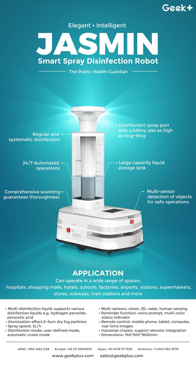 geekplusrobot's tweet photo. Geek+ introduces two new disinfection robots to customers worldwide! Achieve swift, accurate, and automated sterilization with Lavender's strong UV rays and Jasmin's effective spray system. #Covid19 #automation #disinfection #robotics https://t.co/Ln9gf2Rtid