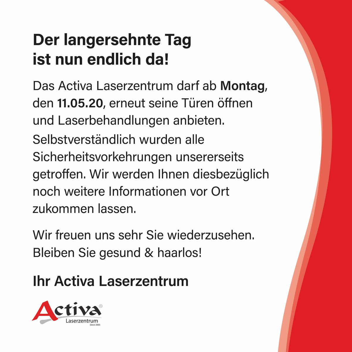 ALaserzentrum's tweet photo. Wir sind wieder für Sie da! #haarentfernung #kosmetikstudios #Activalaserzentrum https://t.co/6QWrr7LrFy