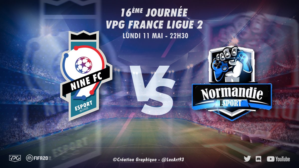 📝 Programme : 16ème journée de Championnat en <a href="/VPGFrance/">VPG France</a> L2 :

📅 Lundi 11 mai - 22h30 
9INE FC 🆚 <a href="/NormandieEsport/">Normandie Esport Association</a>

#VPGFrance #VPG #gaming #eSports #clubpro #FIFA2020 #PS4 
©création Graphique - @LexArt93