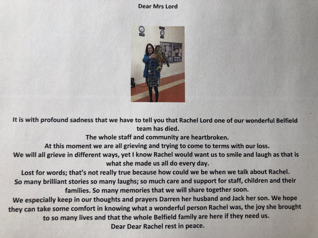 BelfieldPrimary's tweet photo. Our whole school community is mourning the loss of our dear friend, Mrs Lord. Below are a few words in her memory. https://t.co/0uqCPMCNJB