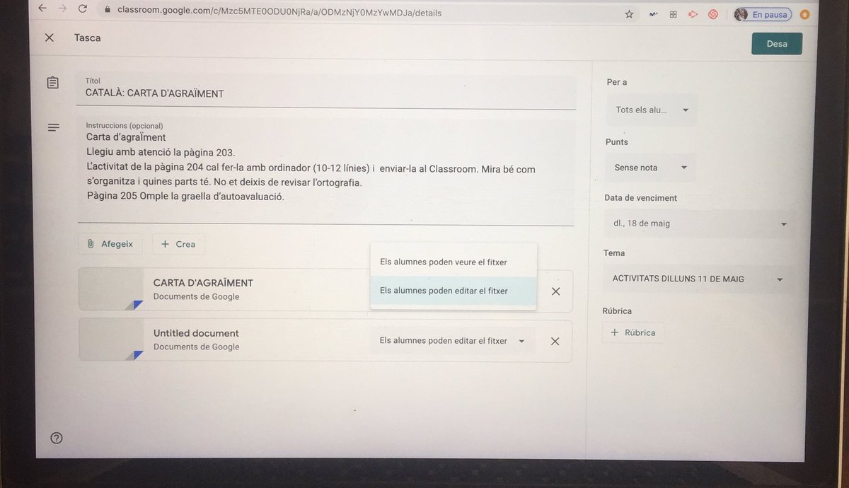 Abans, al Classrom es podia crear un document per alumne, però ara no! Només deixa lector i editar. Què es pot fer? Si hi ha solució, segur que la saps <a href="/balbinof/">BalBino {𝘭𝘢𝘴2𝘤𝘰𝘯𝘉} Fernández Revuelta</a>