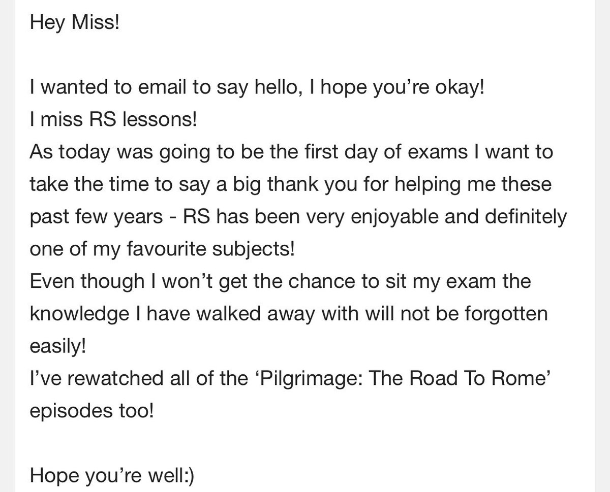 Whilst today would have been the first RS exam, the following email from a student has shown that learning is about more than sitting an exam.RS gives students knowledge &amp; skills which they will take forward into their adult lives and I’m very proud of the year11s