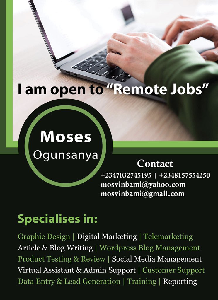mosvinbami's tweet photo. I am a freelancer and I’m available for any remote work. I provide lots of services, please check them out👇🏽

You can count on timely delivery of projects because I have unlimited internet and 24/7 power for my workstation. 

Please RT 🙏🏽
#freelancehunt #remotework #remotejobs https://t.co/GiX4pYm9Y8