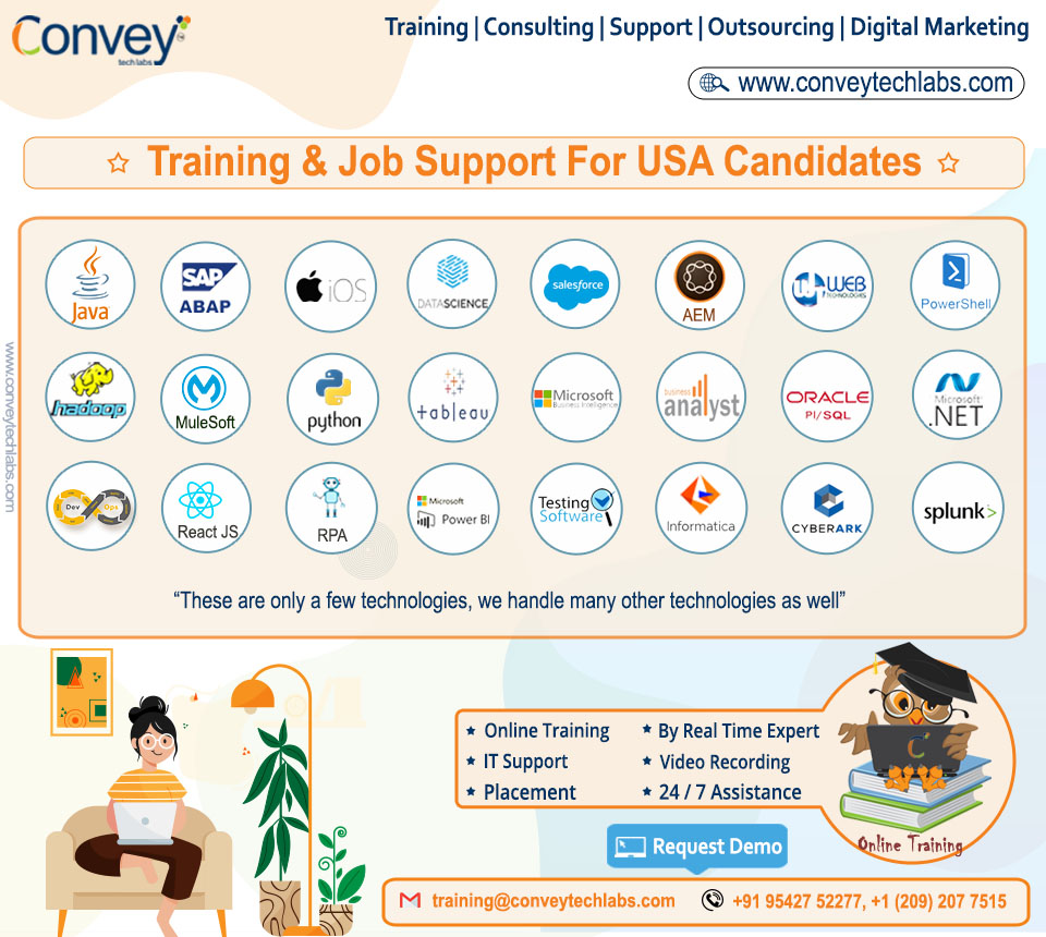 Conveytechlabs's tweet image. #ConveyTechLabs is going to start #OnlineTraining #Job_Support &amp;amp; #Placements on all latest and niche technologies...
Interested candidates kindly Mail US: training@conveytechlabs.com, lead@conveytechlabs.com or Contact US: +91 9542752277 , +1 (209) 207 7515