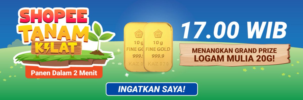 RETWEET kalau kamu mau dapetin GRAND PRIZE LOGAM MULIA 20G DI SHOPEE TANAM KILAT! 😍 Langsung pasang reminder kamu di: shopee.co.id/m/shopeengabub…

#ShopeeID #ShopeeDariRumah