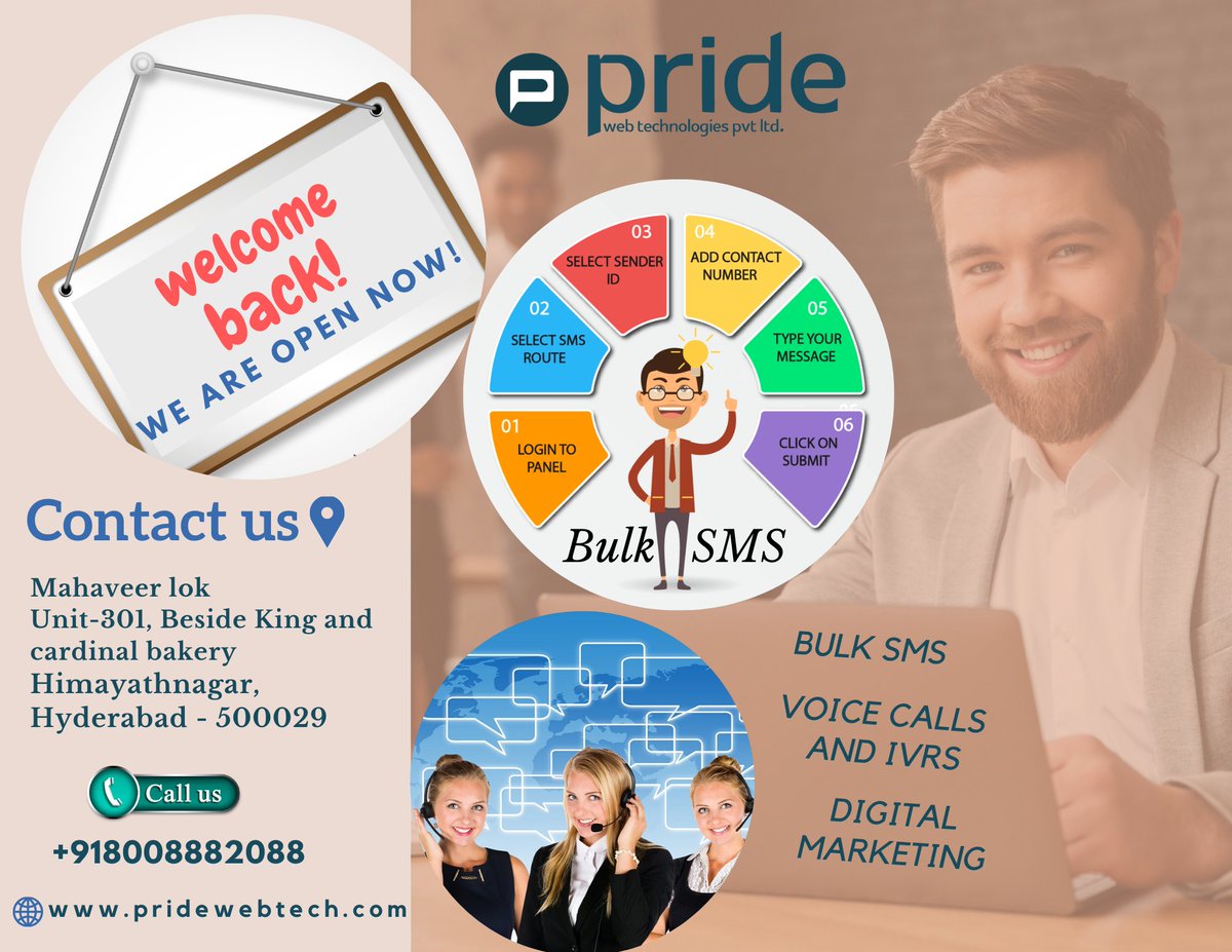 WebPvtltd's tweet photo. Welcome Back! We are open Now!
Contact us:-8008882088, 040-66102088
https://t.co/hrau3oNrBQ
#pridewebtechnologies #onlinemarketing #socialmedia #socialmediamarketing #digitalmarketing #Bulksms #bulkemail #voicecalls #searchengineoptimization #searchenginemarketing #staysafe https://t.co/IXdKV05CFA